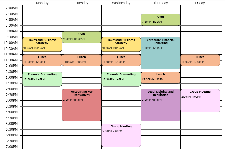 screenshot of Teddy's schedule for the fall semester