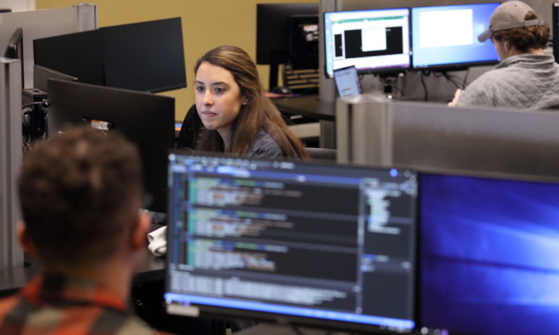 students work at computers