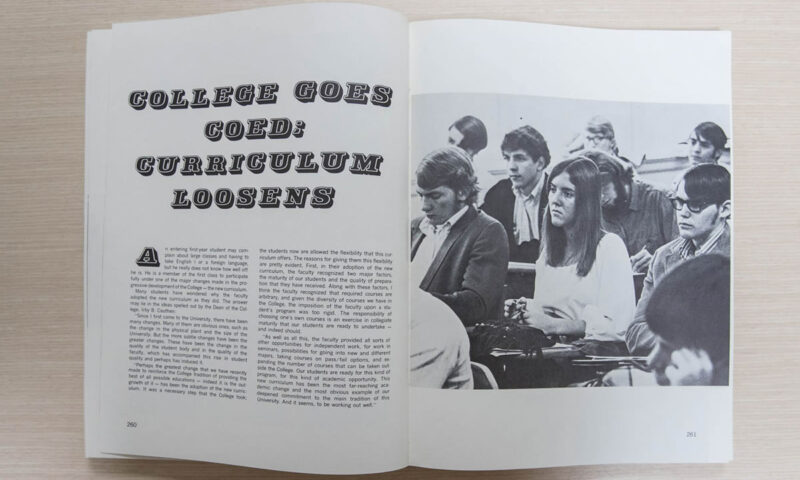 Photo credit: The 1971 edition of UVA’s yearbook, Corks and Curls, had a two-page spread about the coeducation of UVA. (Photo by Sanjay Suchak, University Communications)