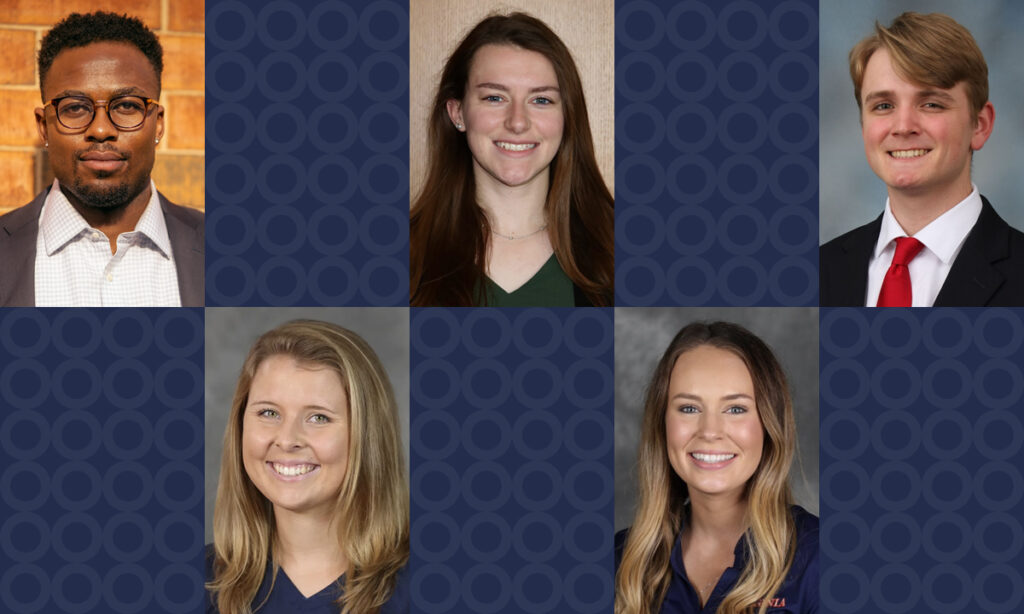 Top row: Cabrel Happi, Maeghan Holzbaur, Brett Kyle. Bottom row: Annika Meyer, Haeley Wotnosky.