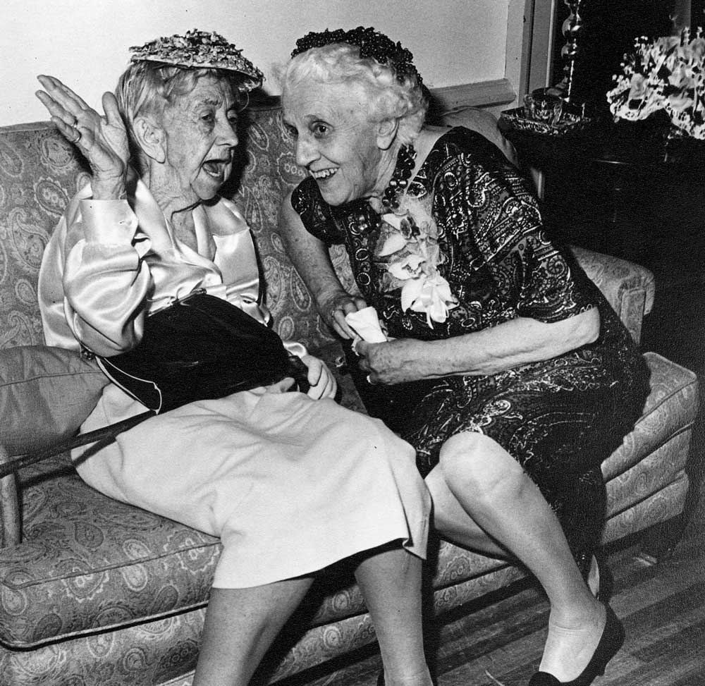 July 1966Dr. Janet Meade (left) and Mrs. D. Tucker Brown enjoy themselves at a wedding reception at the Keswick Country Club. Roseberry later learned from Meade that she was the first woman to receive a Ph.D. from the University.
