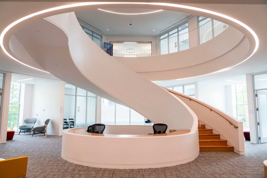 The new Student Success Center in Shumway Hall includes this stunning spiral staircase. (Photo by JB Fitts)