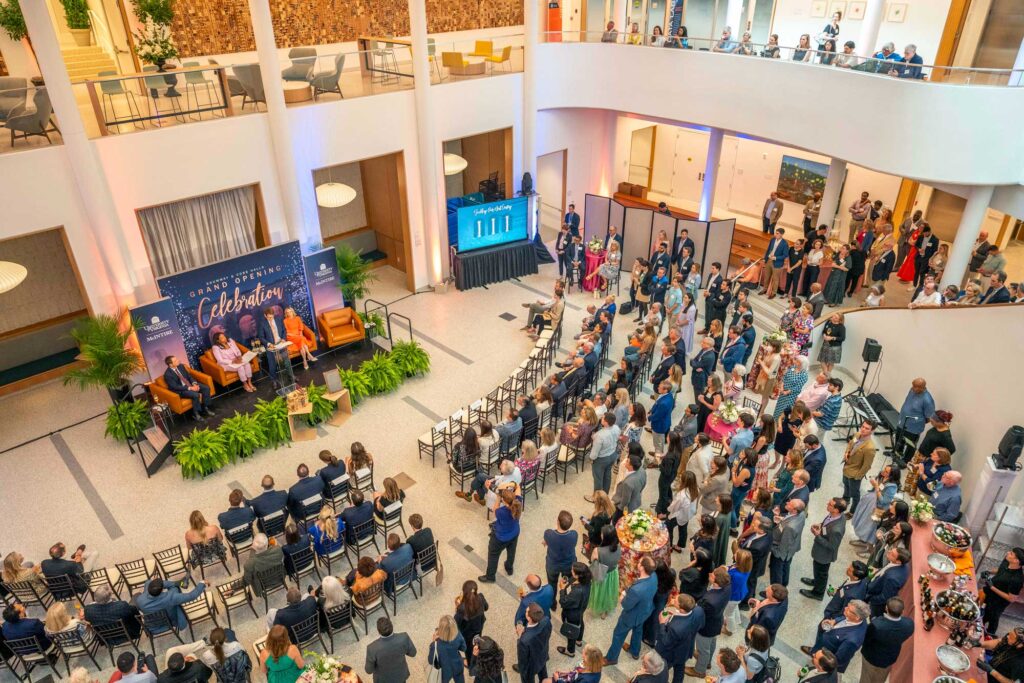 This aerial view of the atrium in Shumway Hall shows off the large, light-filled space. The atrium, which can accommodate 350 audience members, hosted Friday’s grand opening event. (Photo by JB Fitts)