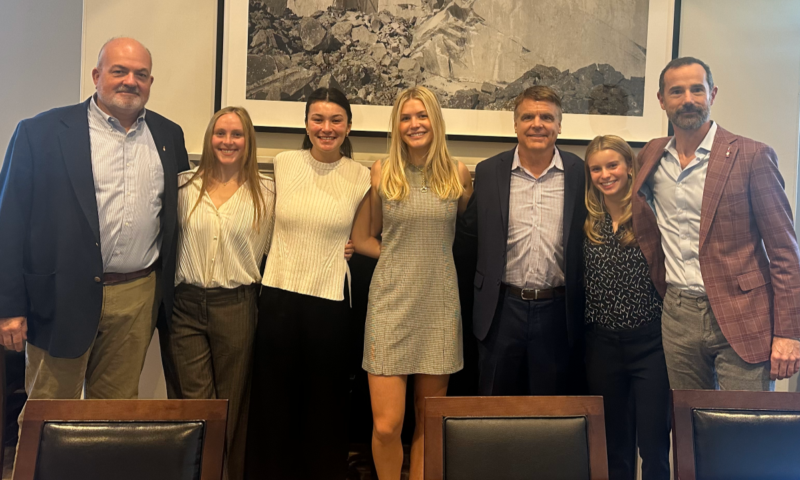 (Left to right) Harold Osborn (outgoing Tabasco CEO), Emma Zegarski, Lindsay Togher, Shelby Brachmann, Trey Maxham, Avery Tyrrell, Lee Susen (incoming Tabasco CEO).