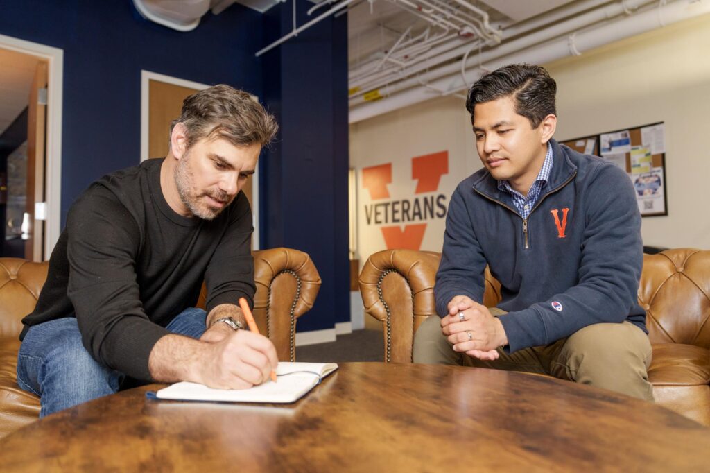 Rose and Sarmiento work in the Veteran Student Center in Newcomb Hall. Both said it’s critical for colleges and universities to provide a dedicated space for student veterans, as UVA has done. (Photo by Lathan Goumas, University Communications)