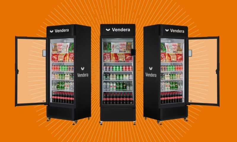 Vendera, a smart cooler, creates a seamless grab-and-go experience for vending machine customers. (Contributed photos; photo illustration by John DiJulio, University Communications)