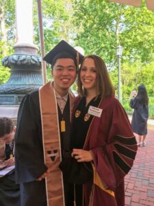 Lin poses with McIntire School professor Christi Lockwood on his graduation day from UVA in 2019. He credits UVA for instilling in him the structure that’s helped his early success as an entrepreneur. (Contributed photo)