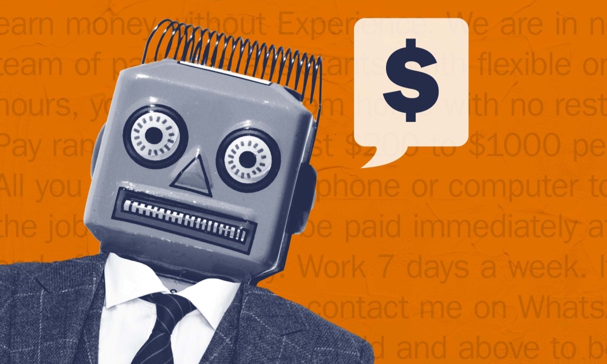 Illustration of robot asking for money (Illustration by Johnny Utterback, University Communications)