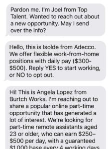 Screenshot of Text messages from a scammers offering high-paying remote jobs from names like Top Talent, Adecco, and Burtch Works