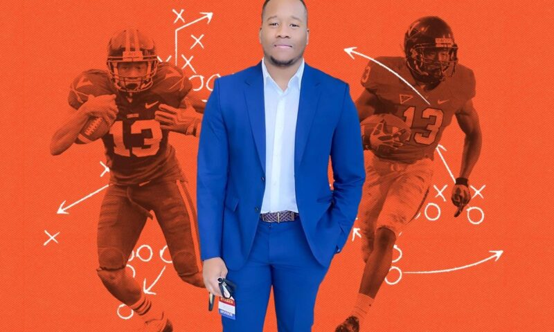 Chase Minnifield, an All-America football player at UVA, is now the CEO of his own company. (Contributed and UVA Athletics photos; illustration by Tobias Wilbur, University Communications)