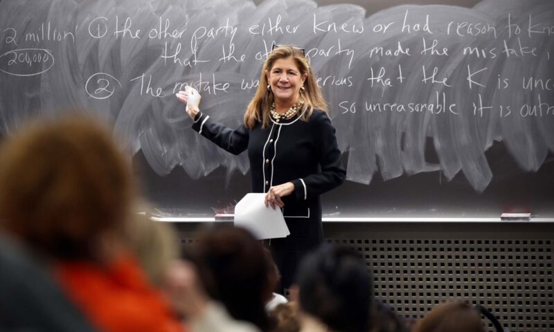Commerce Professor Sherri Moore teaches her Commercial Law classes with a no-tech policy, encouraging students to be actively engaged during lectures. (Photo by Matt Riley, University Communications)