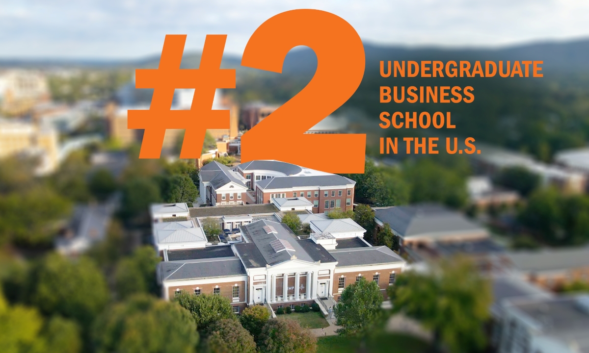 aerial of McIntire School of Commerce with #2 Undergraduate Business School in the U.S. displayed above it
