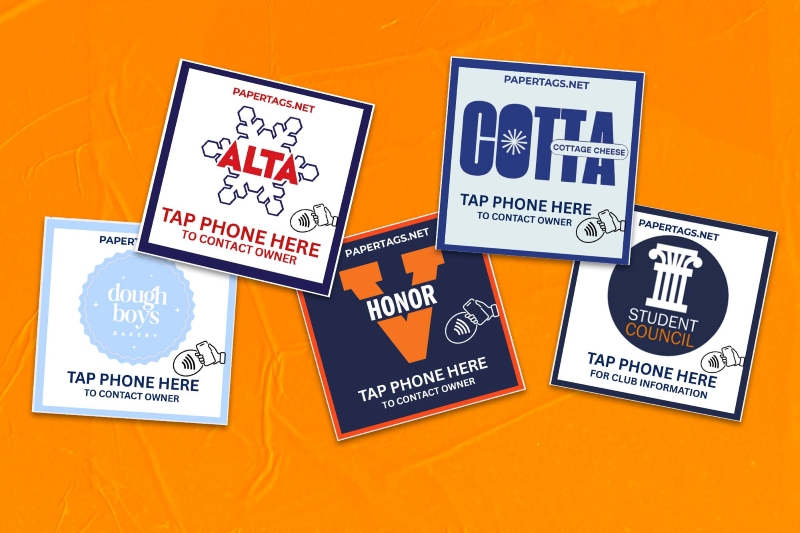 several Papertags with various logos and text that reads Tap Phone Here to Contact Owner or Tap Phone here for Club Information
