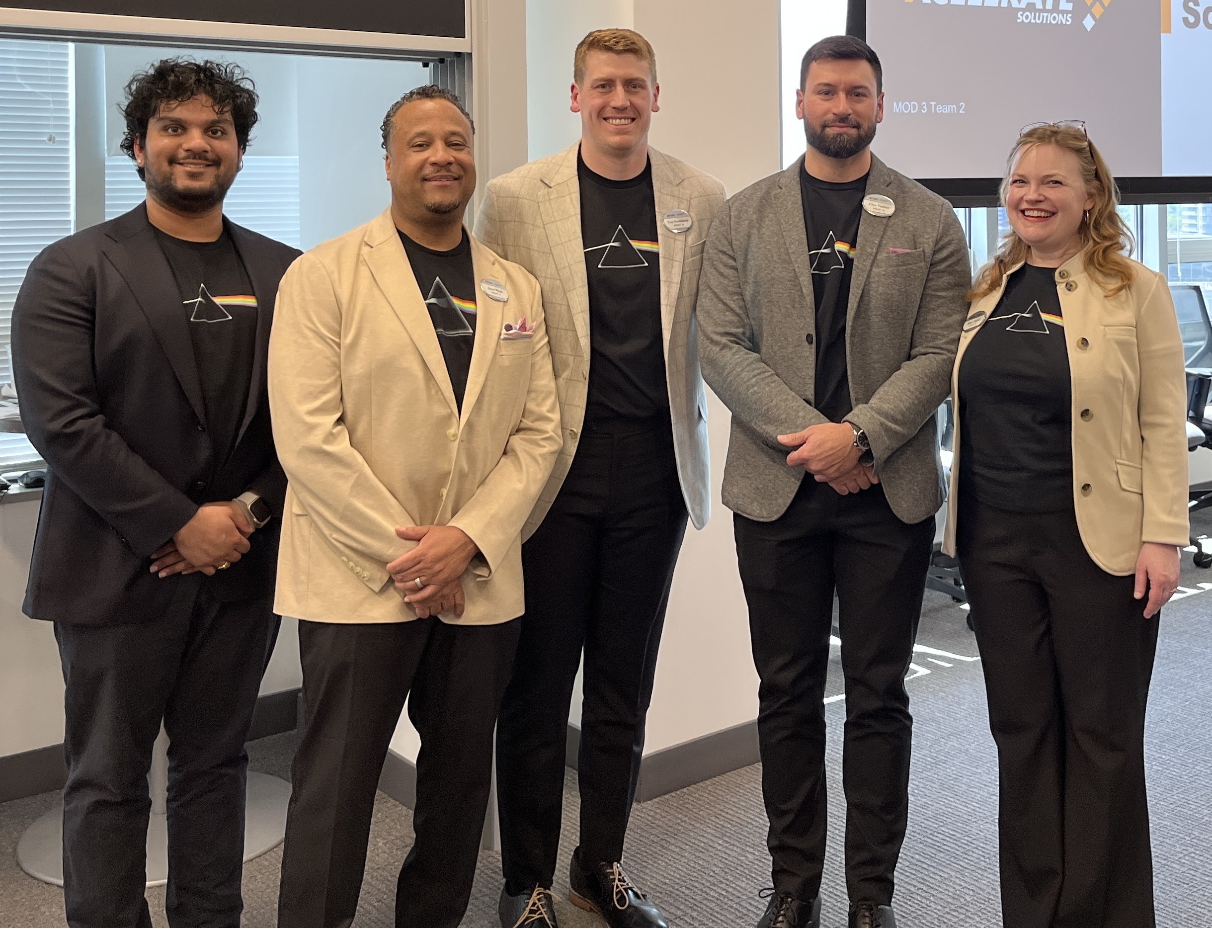 Module 3, Team 2 members Chandrashekar Krishnan, Jamal Wade, Trey Huelskamp, Chris VanSice, and Marie Bethel after their presentation