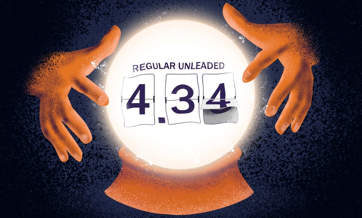 Illustration of a crystal ball showing gas prices rolling to 4.34