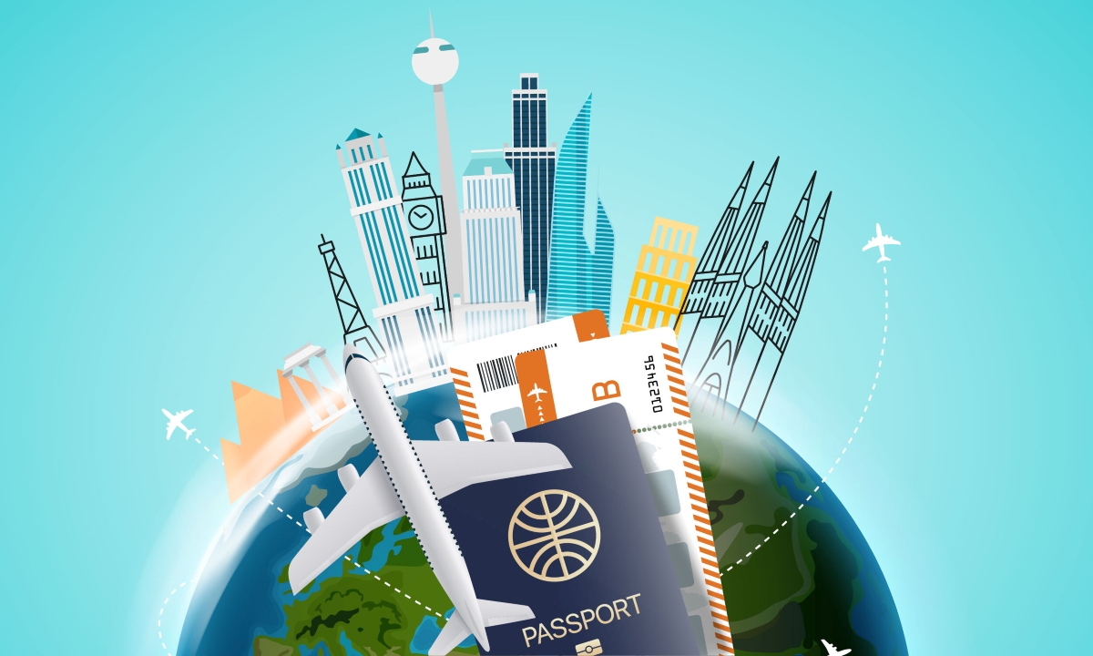 graphic of a globe, planes, passport, tickets, buildings
