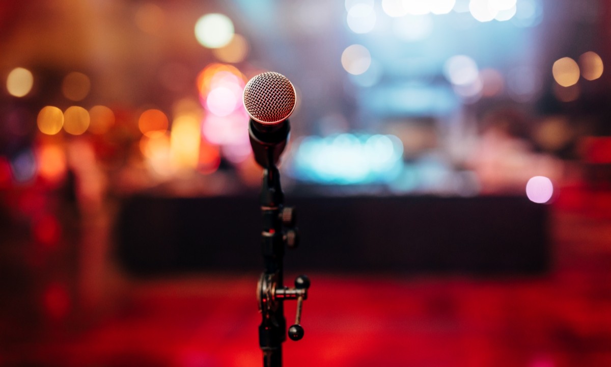 microphone with lights in the background